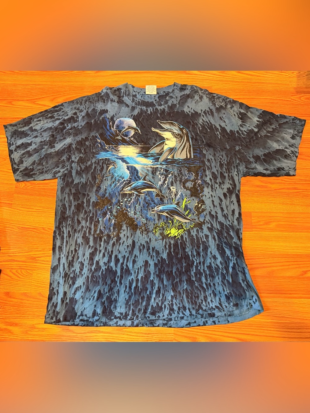 Vintage 90s Ragtops Sportswear Dolphin Moon All Over Print Tie Dye TShirt USA XL